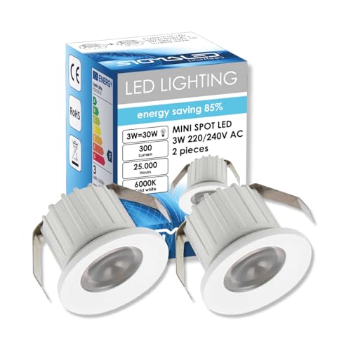 Sigmaled lighting, MINI FARETTO LED 3W, Dimmerabile, 300lumen, Luce fredda 6000K, Spot Tondo incasso in alluminio, 220V / 240V AC Driver NON NECESSARIO, 2 Spots