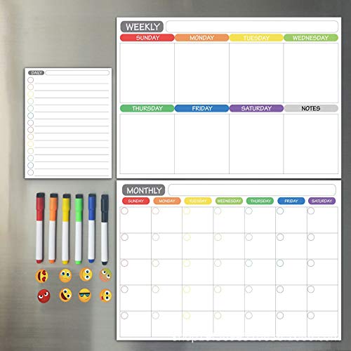 White Board Calendar for Wall, Set of 3 Dry Erase Calendar Whiteboard,Monthly,Weekly Organizer & Daily Notepad.Includes 4 Magnetic Planners,6 Magnetic Fine Tip Pens with Eraser and 1Eraser
