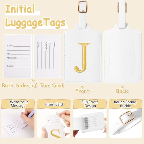 Image of Personalized Initial Luggage Tags for Suitcases, Cute PU Leather Embroidered Letter Travel Luggage Tags, Suitcase Identifier Name Baggage Tag, Bag Tags for Men Women Kids Luggage Handbags(White J)