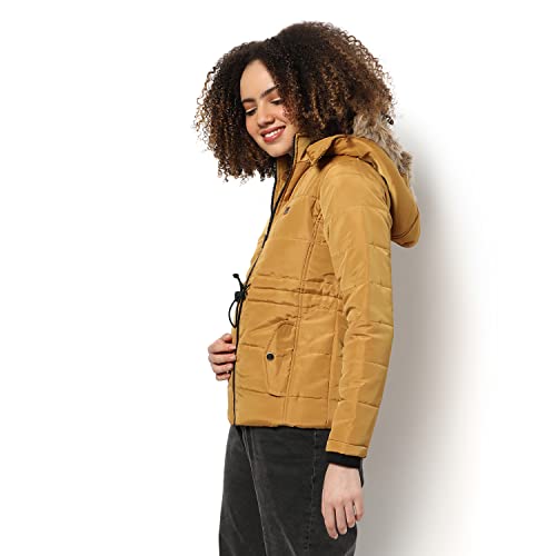 Image of Campus Sutra Women Mustard Hooded Puffer Regular Fit Bomber Jacket For Winter Wear | Standing Collar | Full Sleeve | Zipper | Casual Jacket For Woman & Girl | Western Stylish Jacket For Women