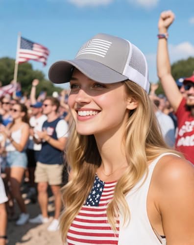 Image of 2 Packs American Flag Trucker Hat, Adjustable Mesh Snapback Baseball Caps for Men Women