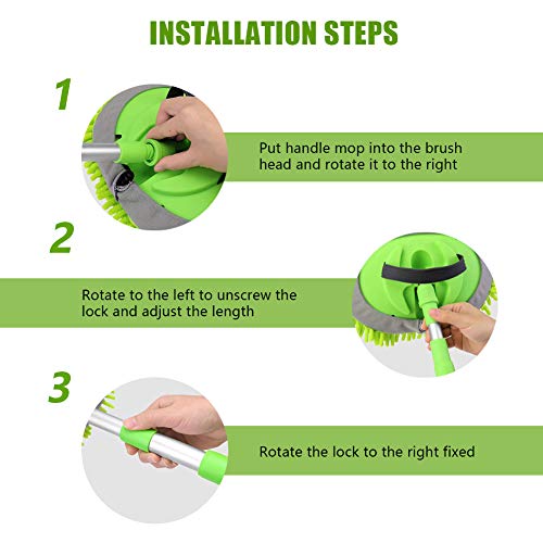 2 in 1 Chenille Microfiber Car Wash Brush Kits Mop Mitt with 45\" Long Handle (Aluminum Alloy)，Car Cleaning Kit Supplies Brush Duster，Scratch Free Cleaning Tool for Washing Truck，Car，RV (Green) - Thumbnail 5