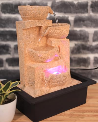 Image of Water Fountain for Home Tabletop Indoor Water Fountain for Living Room Waterfall Fountain Indoor Home Decor Table Top Fountain Waterfall Showpiece Indoor Fountain (Creamy & Light Pink)