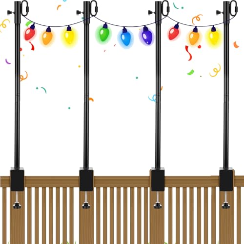 Yetene 4 Pack Deck String Light Poles with Adjustable 3 Clamp Outdoor Light Poles for String Lights Christmas Garden Backyard Deck Fence Railing Hanging Bird Feeders Lanterns Wind Chimes (63 Inch)