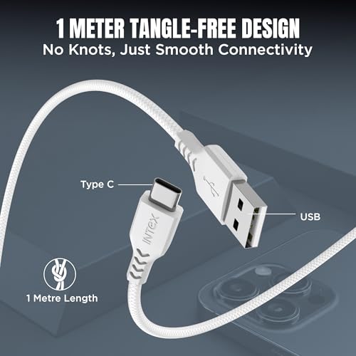Image of Intex SPEED 3A USB to Type C Fast Charging & Data Sync Tangle Free Cable, Output 480 Mbps for BT Speaker, Mobile, Tablet, TWS & Other Type C Devices- White