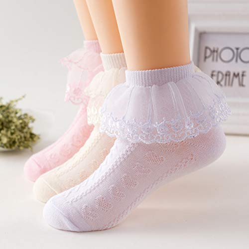 DoMii Toddler Girls Lace Ruffle Frilly Ankle Socks Comfortable Cotton Socks 3-Pack4