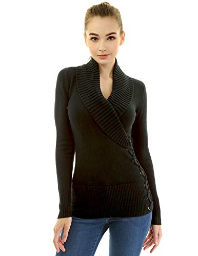 Amélieboutik Women Shawl Collar Faux Wrap Lace Up Long Sleeve Sweater (Black Small) #TOP1