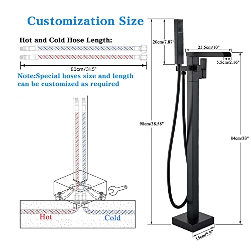 Yagatap Freestanding Tub Faucet, Free Standing Tub Filler Matte Black, Single Handle Stand Alone Brass Bathtub Faucet With Hand Held Shower And Swivel Waterfall Mixer Spout Floor Mount #TOP6