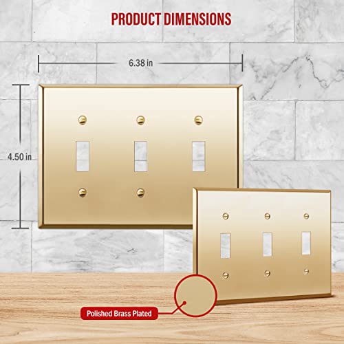 Enerlites Toggle Light Switch Metal Wall Plate, Stainless Steel 201, Corrosion Resistant, Size 3-Gang 4.50" X 6.38", 7713-Pb, 302 Polished Brass, Gold #TOP1