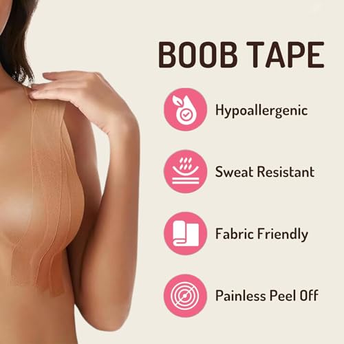 Image of HSR Boob Tape Kit - Breathable Instant Boob Tape with 10 Nipple Pasties for Fashion, with 36 Strips Double Sided Tape for Clothes, and 1 Pair Reusable Nipple Cover for Women