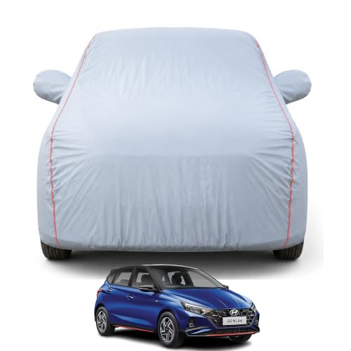 Image of Premium Car Cover for Hyundai's i20 N Line 2021-2026 Models | Waterproof, UV & Dust Protection | Mirror & Antenna Pocket | Triple Stitched, Soft Inner Lining, Belt & Buckle (Dark Grey)