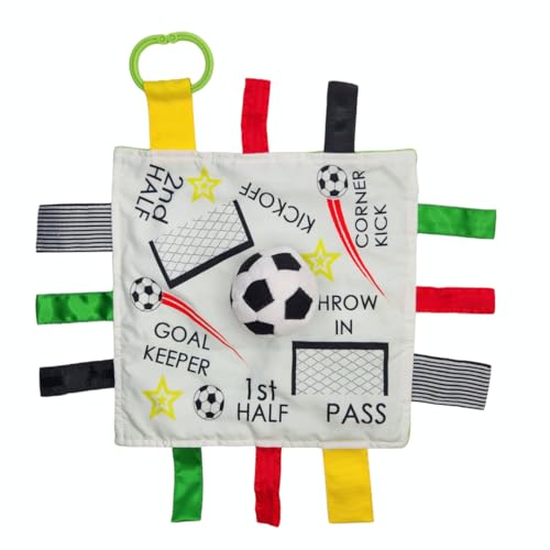 Image of Baby Jack & Co 10x10” Soccer Sports Lovey Sensory Plush Blanket - Tag Toy for Babies - Baby Stroller Toys - Learn Shapes, Letters & Colors - MVP Ball Toy & Sports Gift w/ Stroller Clip World Cup