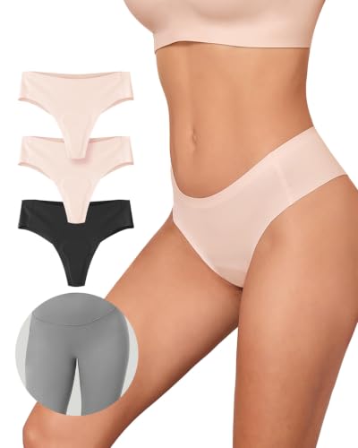 Ubras Anti Camel Toe Underwear Seamless Thongs for Women Comfortable No Show G-String Thongs Breathable Thongs for Gym Black + Nude (3 Pack) M