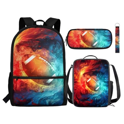Zaino per bambini set da 4 pezzi include borsa per libri scolastici per il pranzo portapenne portachiavi per la scuola Rugby Fuoco Rosso Blu Taglia unica Zaini Daypack