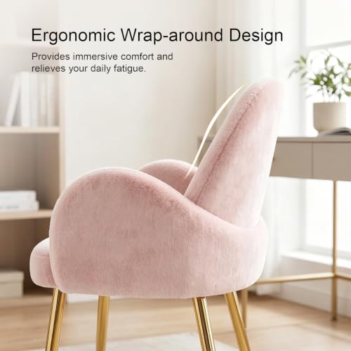 Image of Eifizek Petal Makeup Vanity Chair with Back, Cute Flower Office Desk Chair Comfy No Wheels for Girls /Women, Corduroy Upholstered Chair with Gold Metal Legs for Living Room, Bedroom, Home Office, Pink
