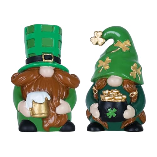 MEETYAMOR St Patricks Day Decorations, 2 PCS Handmade Gnome Resin Figurine for St Patricks Day Decor, Irish Green Clover Leprechaun Figurines Standing for Home Table, Mantel, Shelf