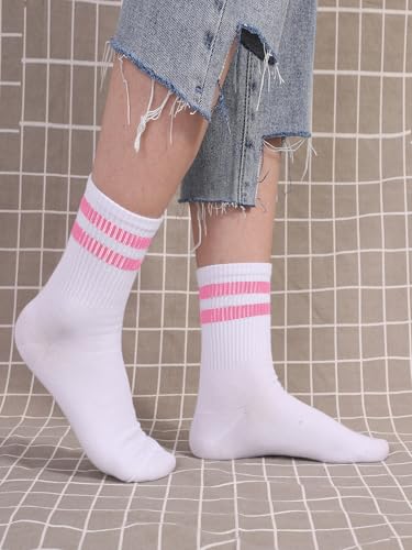 OYOANGLE Women's 2 Pairs Striped Trim Casual Crew Socks Simple Mid Calf Socks3