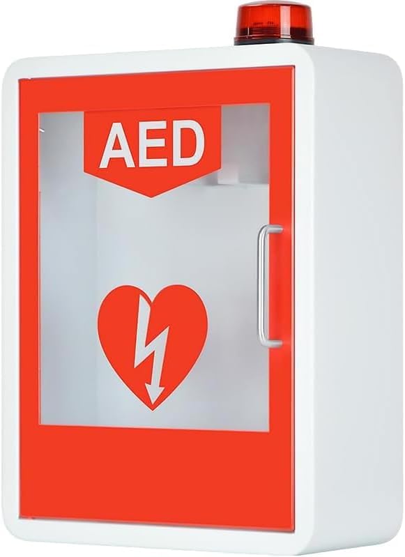 Armario desfibrilador DEA montado en la pared con alarma y sistema de luz, almacenamiento seguro para emergencias cardíacas en el hogar u oficina, control de doble interruptor para un fácil acceso