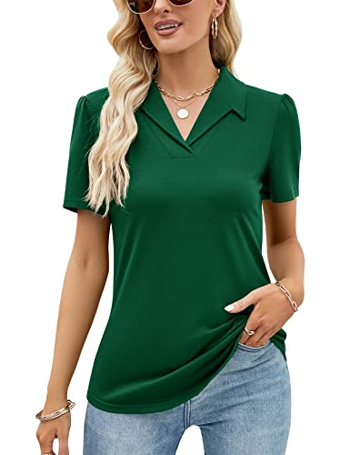 Luyaa Casual Polo T-Shirts For Women Short Sleeve Tunic Tops V Neck Loose Camp Collared Blouses Green S #TOP13