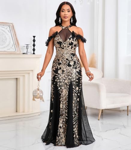 Image of Cololura Women Sexy Sequin Halter Neck Short Sleeve Mesh Perspective Party Bodycon Evening Cocktail Maxi Dress