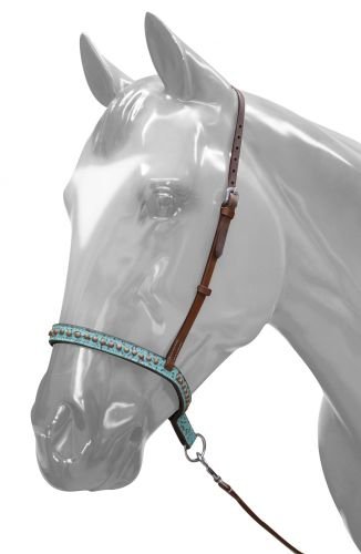 Showman Medium Leather Horse Teal Filigree Noseband and Tie Down with Copper Studs.