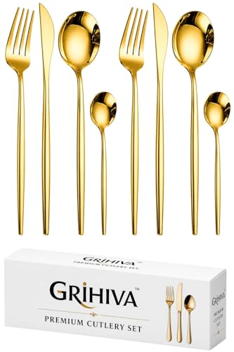 Image of 8 Pcs Gold Slim Handle Stainless Steel Cutlery Set for Dining Table with Spoons and Forks Set + Butterknives - The Perfect Tableware /Flatware