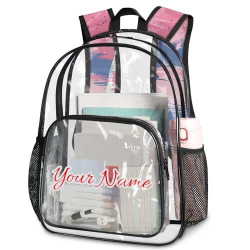 Personalized Large Clear Backpack Stadium Approved Heavy Duty PVC Plastic Custom Transparent Backpacks See Through Bag with Name, Watercolor Sailboats Beach