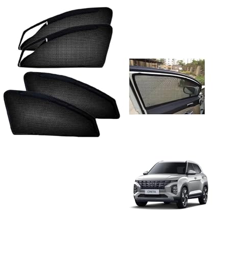 Image of Kozdiko Zipper Magnetic Car Sunshades (Front 2 Zip, Rear 2 Non Zip) Set of 4 Pcs Black Color Compatible with Hyundai New Creta Facelift 2024