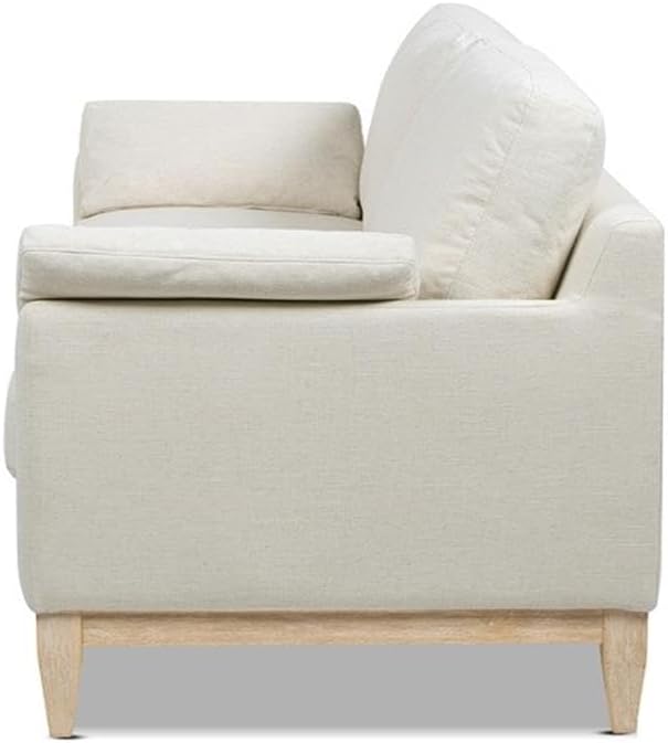 Pemberly Row 75.5" Farmhouse Sofa, Flax White Linen Upholstery, Rubberwood Base, Removable Cushions, Medium Comfort Bench Seat, Rustic Modern Design, Ideal for Living Room, Apartment, or Home Office