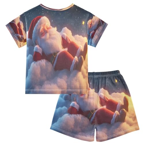 ALAZA Santa Claus Star Cloud Christmas Pajamas Set Short Sleeve Cotton Sleepwear Summer Pjs 2 Piece 5-14Y2