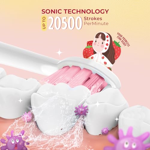 Image of beatXP Jiggle Sonic Electric Toothbrush for Kids with 2 Brush Heads & 3 Cleaning Modes | Rechargeable Electric Toothbrush | 20500 strokes /min with Long Battery Life (Rosy Pink)