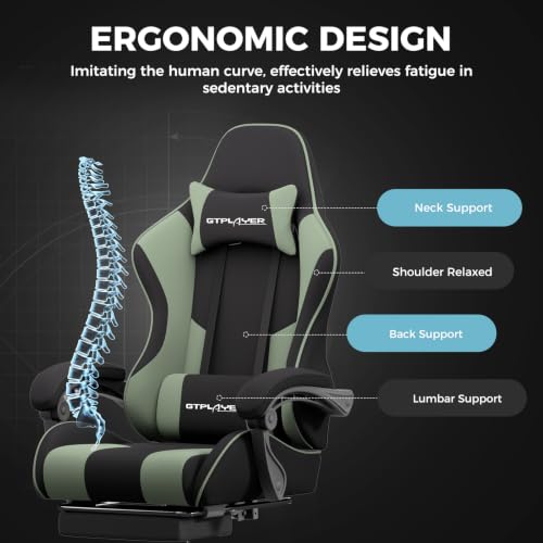 Image of GTPLAYER Gaming Chair, Computer Chair with Footrest and Lumbar Support, Height Adjustable Game Chair with 360-Swivel Seat and Headrest and for Office or Gaming (Green, Fabric)