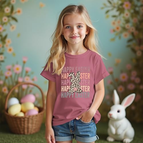 Image of Kid Girls Easter Shirts Happy Easter T-Shirt Funny Leopard Bunny Outfit Short Sleeve Tees Tops Holiday Clothes 7-12Y