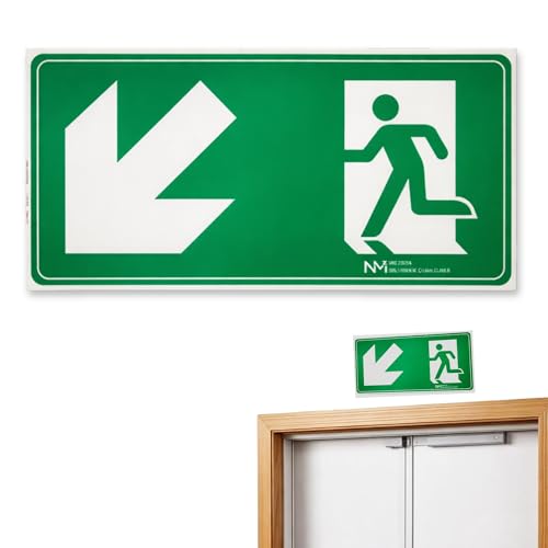 Señal Salida Abajo Izquierda, Señal Evacuación, fotoluminiscentes, Señal Luminiscente Salida, Cumple normativa RICPI RD 513/2017 (Clase B), UNE-en ISO 9001, PVC 0,7mm, D≤10m, Tamaño 32 x 16 cm