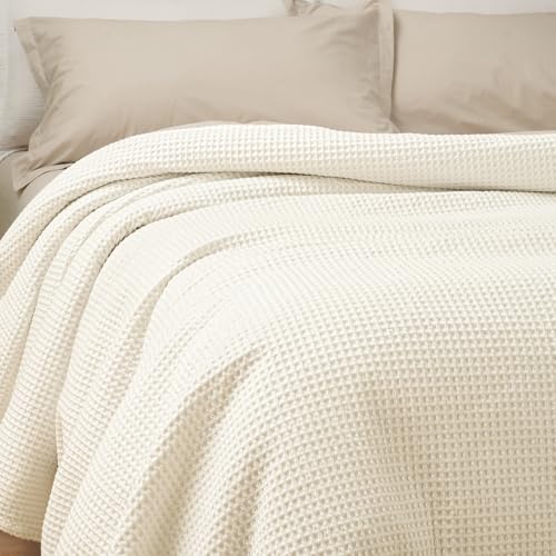 Image of PHF 100% Cotton Waffle Blanket Lightweight Breathable, Twin Size, Cream | Pre-washed Soft Cozy Summer Throw for Hot Sleepers, Textured Decorative Layer for Bed Couch Sofa Guest Room, Giftable