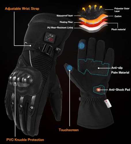 Image of Heated Motorcycle Gloves for Men & Women - 7.4V 3000mAh Rechargeable Batteries, Electric, Touchscreen, Waterproof, Windproof, Non-Slip, Skiing, Cycling, Fishing