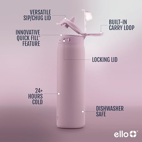 Image of Ello Pop & Fill 22oz Stainless Steel Water Bottle with Quick Fill Technology, Double Walled and Vacuum Insulated Metal, Leak Proof Locking Lid, Sip and Chug, Reusable, BPA Free, Mauve