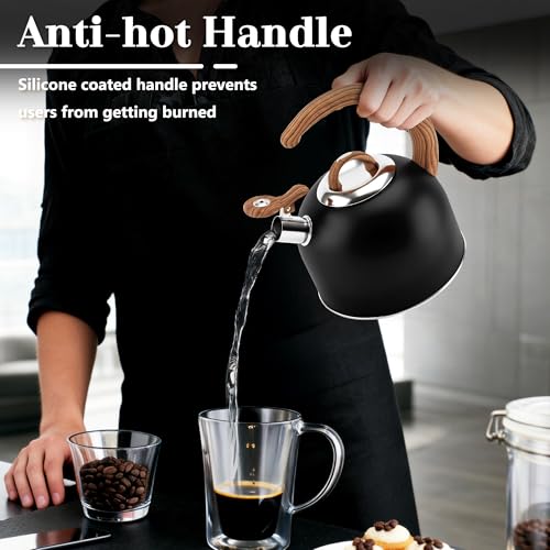 Harriet Tea Kettle Whistling Stovetop Tea Pot, 3.1QT Food Grade Stainless Steel Kettle for Boiling Water Coffee or Milk(Black)