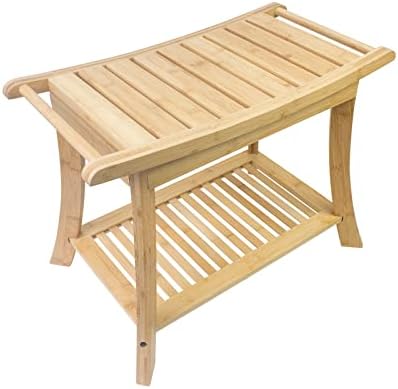 Bamboo Shower Bench with Storage Shelf, 2-Tier Waterproof Shower Chair, 24'' Shower Benches for Inside Shower, Shower Stool Spa Seat