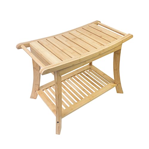 Bamboo Shower Bench With Storage Shelf, 2-Tier Waterproof Shower Chair, 24'' Shower Benches For Inside Shower, Shower Stool Spa Seat #TOP2