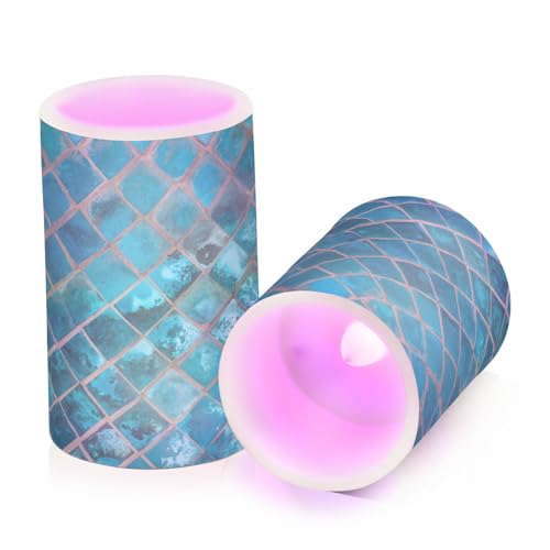 Image of Eionryn Turquoise Ceramic Mosaic Flameless Candles Moroccan Pattern Green Teal Battery Operated LED Candles with Remote Timer Electric Candles for Home Party Decor 2pcs