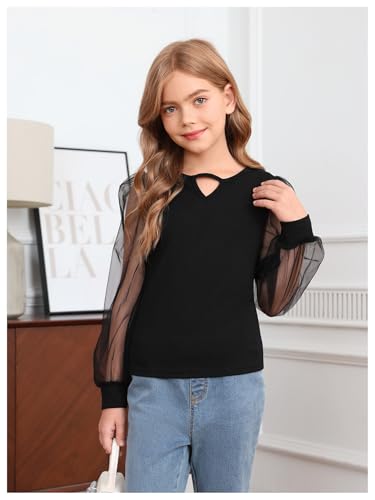 Image of WDIRARA Girl's Cut Out Round Neck Mesh Puff Long Sleeve Blouse Casual Top
