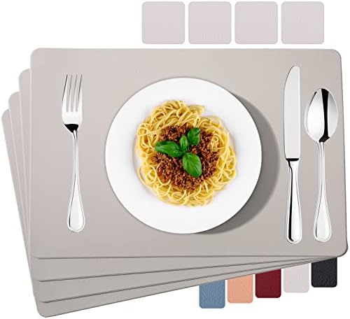 Miorkly Placemats PU Leather Place Mats and Coasters Grey Sets of 4 Christmas Placemats Washable Waterproof Table Mats 45x30cm, Suitable for Kitchen Indoor Outdoor Dining Table Restaurant
