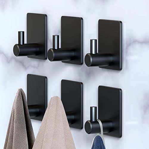 Vaehold Black Adhesive Hooks 6 Pack, Heavy Duty Wall Hooks Aluminum Hooks For Hanging Coat, Hat, Towel, Robe, Key, Clothes, Towel Hook Wall Mount For Home, Office, Kitchen, Bathroom(6, Black) #TOP7
