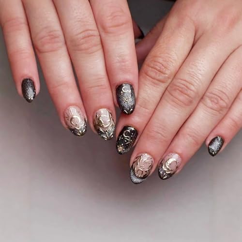 24Pcs Black French Tip Press on Nails Short Almond Fake Nails with 3D Gold Moon Designs Full Cover Solid Color Acrylic Nails Glitter Black False Nail Tips French Start Stick on Nails for Women