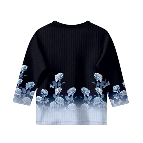 3/4 Length Sleeve Shirts for Girls Round Neck Boho Floral Print Casual Blouses Floral Print Tshirts3