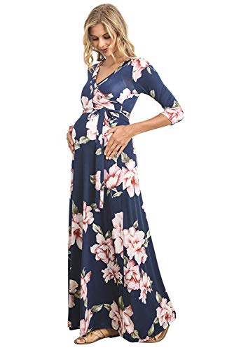 Women's Maternity Dress Maxi Long Length with Belt for Baby Shower, Photoshoot (Large, Navy Floral)