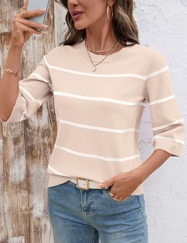 LOMON Womens Sweaters Casual Fall 2025 Crew Neck Striped 3/4 Sleeve Lightweight Knit Trendy Pullover Sweater Tops S-XL2