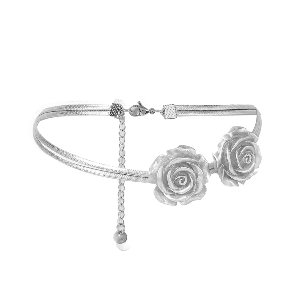 XUN Zhe Leather Rope Rose Flower Choker Necklace for Women Dainty Camellia Floral Clavicle Necklaces Vintage Layered Flower Collarbone Necklace