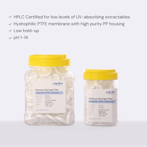 Image of PTFE Syringe Filter, 0.2μm 13mm, HPLC-Certified, Non-sterile, PK of 100 | Syringe Lab Filters, Hydrophilic PTFE, Female Luer lock & Male Luer Slip, For Strong Solvents / Acids / Bases